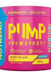 Pump Pre-Workout container in Berry Splash flavor, sugar-free, promotes muscle pump without caffeine.